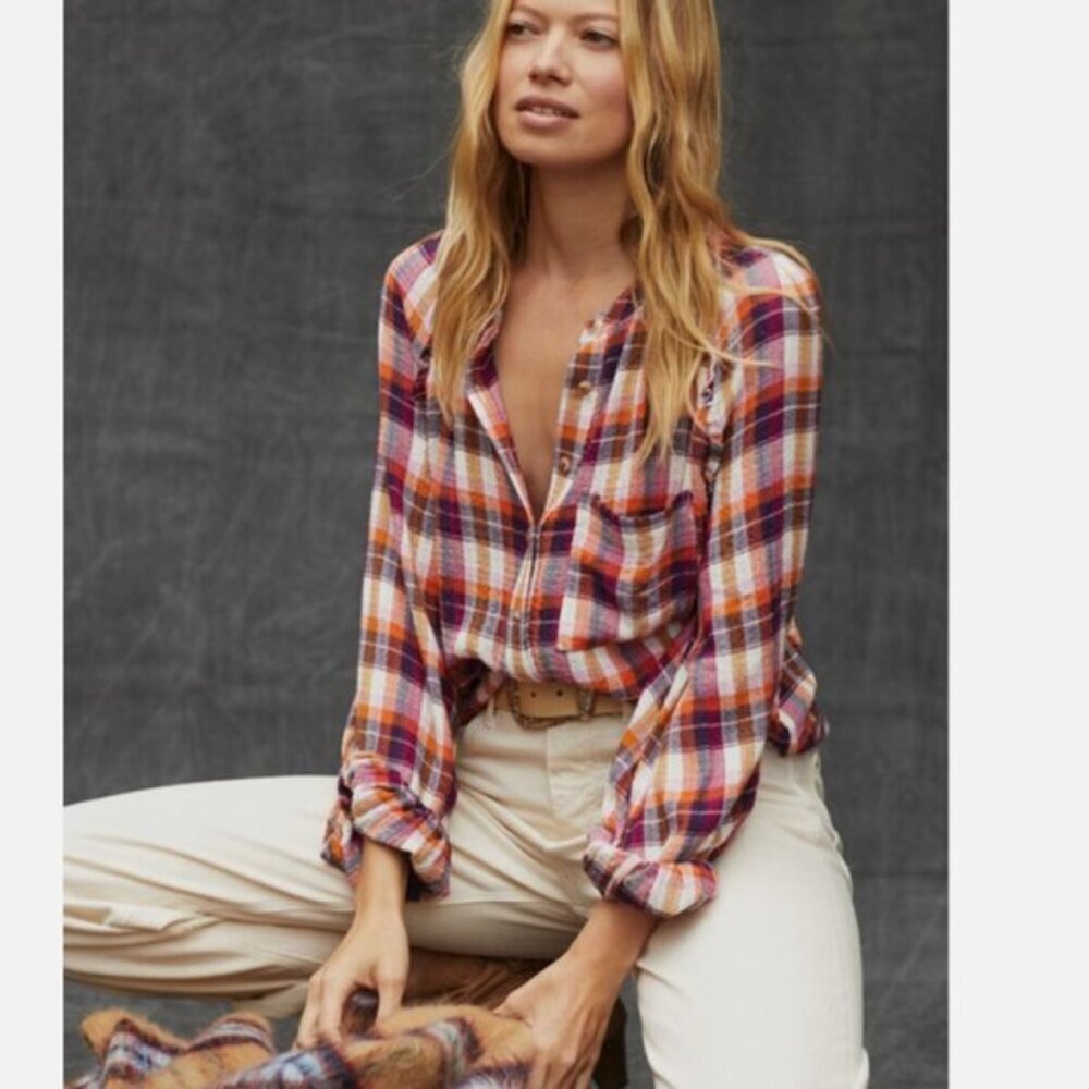 Anthropologie Pilcro Breezy Buttondown Rasberry Plaid Shirt Top Small Women's